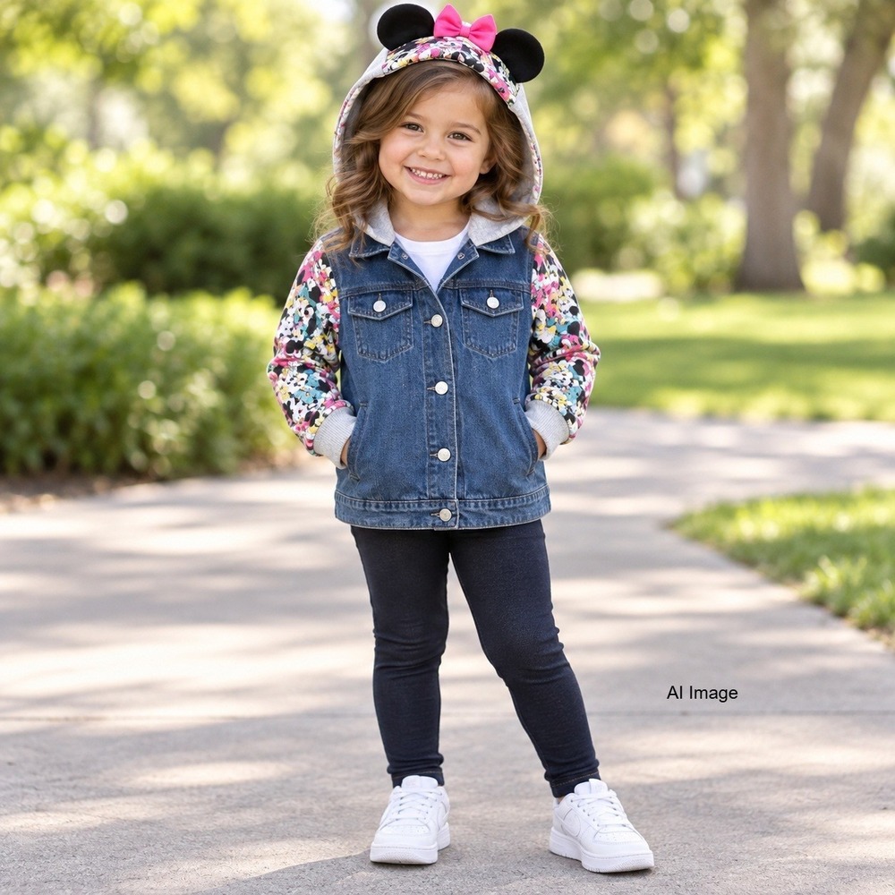 Disney Minnie Mouse Denim Jacket Hoodie Girls Size 3T Mouse Ears All Over Print